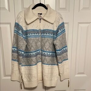 Talbots Cream and Blue Fair Isle Full-Zip Cardigan